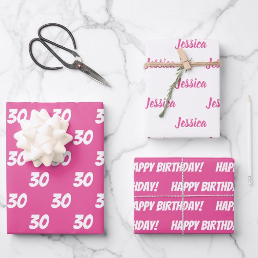 ROZE 30e Happy Birthday Custom Name Inpakpapier Vel (Voorkant)