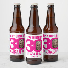 Roze 30e Verjaardag aangepaste foto naam label Bier Etiket