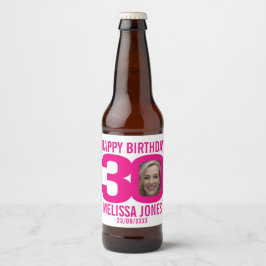 Roze 30e Verjaardag aangepaste foto naam label Bier Etiket