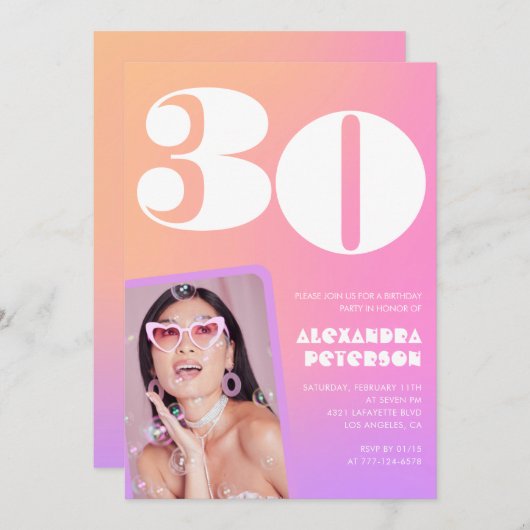 Roze 30e verjaardag uitnodigingen Retro Foto (Voorkant / Achterkant)