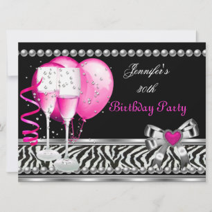 Roze 30ste verjaardagsfeest zebra zwart champagne kaart
