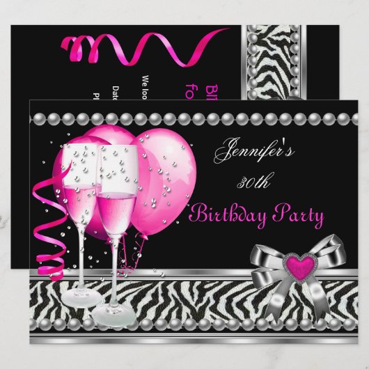 Roze 30th Birthday Party Zebra Black Champagne Kaart (Voorkant / Achterkant)