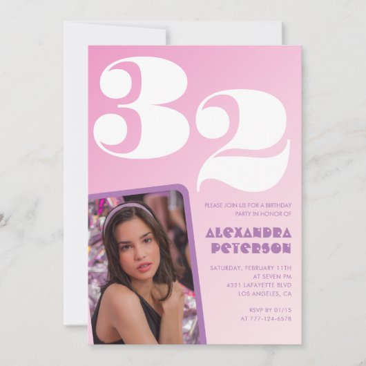 Roze 32e verjaardag uitnodigingen Retro Foto (Voorkant)