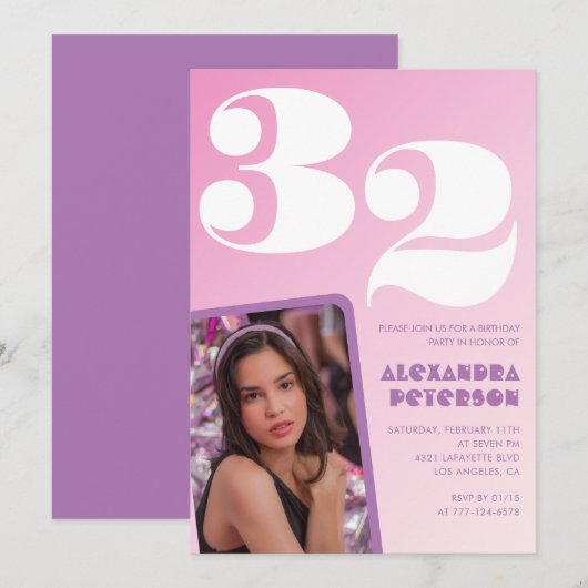 Roze 32e verjaardag uitnodigingen Retro Foto (Voorkant / Achterkant)