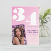 Roze 34e verjaardag uitnodigingen Retro Foto (Staand voorkant)