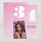 Roze 34e verjaardag uitnodigingen Retro Foto (Voorkant / Achterkant)
