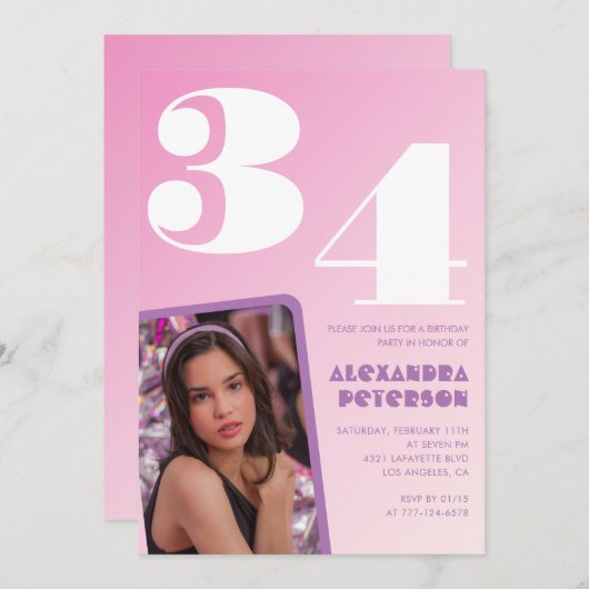 Roze 34e verjaardag uitnodigingen Retro Foto (Voorkant / Achterkant)