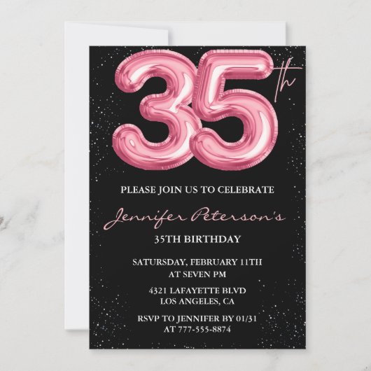 Roze 35e verjaardag uitnodigingen Ballon Glam Blac (Voorkant)