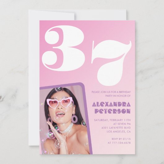 Roze 37e verjaardag uitnodigingen Retro Foto (Voorkant)