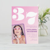 Roze 37e verjaardag uitnodigingen Retro Foto (Staand voorkant)