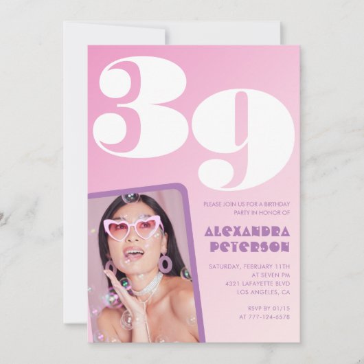 Roze 39e verjaardag uitnodigingen Retro Foto (Voorkant)