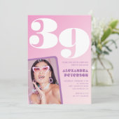 Roze 39e verjaardag uitnodigingen Retro Foto (Staand voorkant)