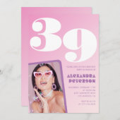 Roze 39e verjaardag uitnodigingen Retro Foto (Voorkant / Achterkant)