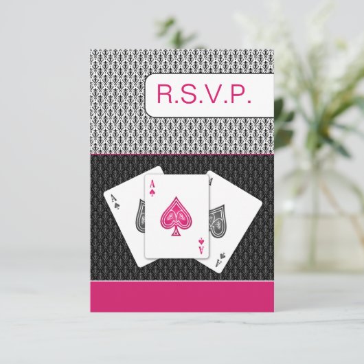 Roze 3 Azen Vegas Bruiloft RSVP kaarten, 3.5 x 5 (Staand voorkant)