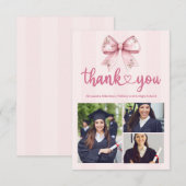 Roze 3 Foto's Blush Bow Afstudeerfeest Bedankkaart (Voorkant / Achterkant)