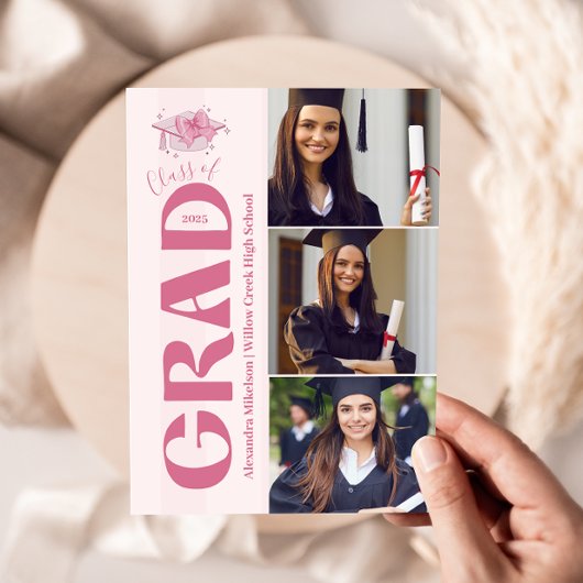 Roze 3 foto's Coquette Bow Afstuderen Aankondiging