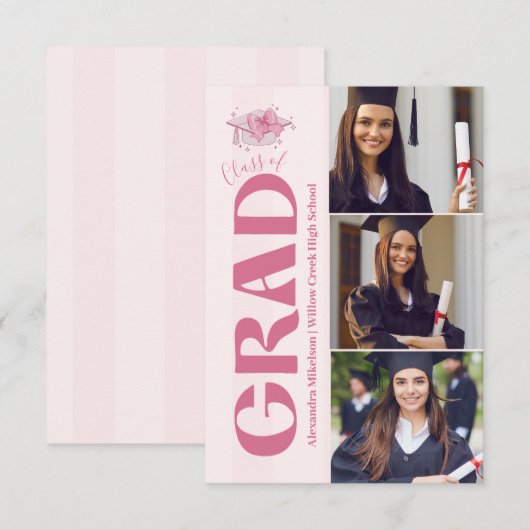 Roze 3 foto's Coquette Bow Afstuderen Aankondiging (Voorkant / Achterkant)