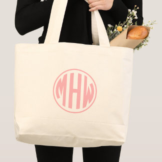 Roze 3 Initiaal Cirkel Monogram Doopvont DIY BG Grote Tote Bag