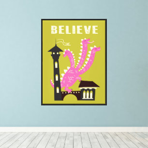Roze 3-koppige drakenkasteel retro pop kunst canvas afdruk