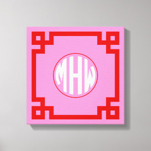 Roze #3 Rode Cirkel Monogram Font DIY BG Canvas Afdruk