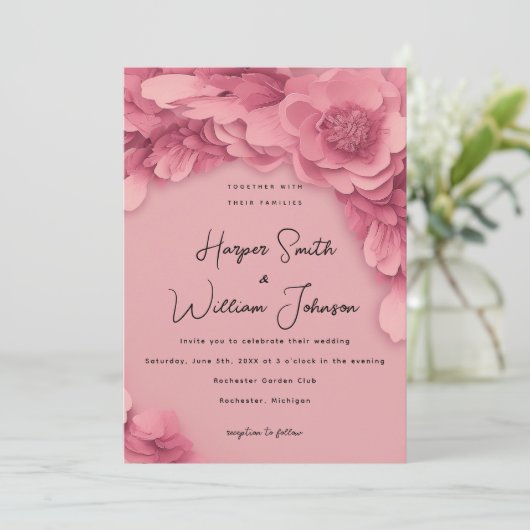 Roze 3D bloemenbruiloft Kaart (Staand voorkant)