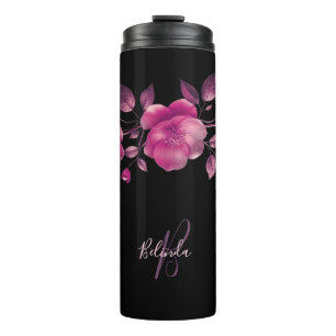 Roze 3D Kersenbloesem Zwarte Monogram Naam Thermosbeker