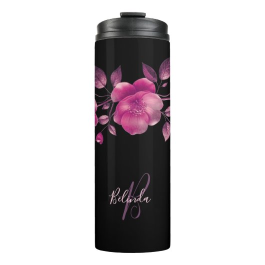Roze 3D Kersenbloesem Zwarte Monogram Naam Thermosbeker (Voorkant)