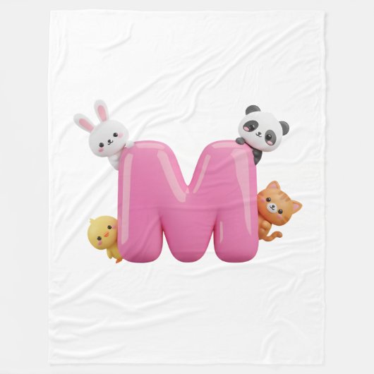Roze 3D Letter M Fleece Deken met Dieren (Voorkant)