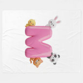 Roze 3D Letter M Fleece Deken met Dieren (Voorkant (Horizontaal))