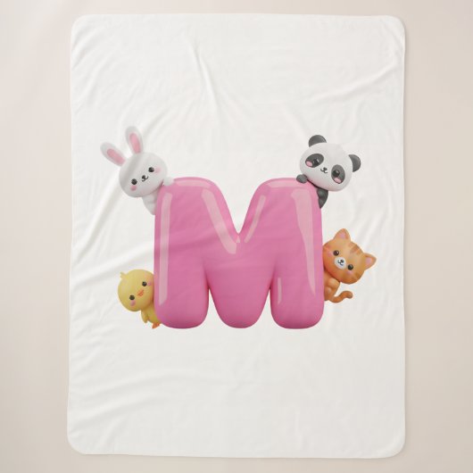 Roze 3D Letter M Sherpa Dekens met Dieren (Voorkant)