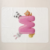 Roze 3D Letter M Sherpa Dekens met Dieren (Voorkant (horizontaal))