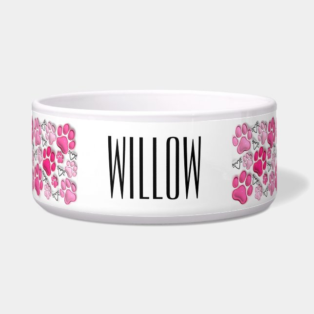 Roze 3D Paw Prints en Harten Hond Water Voedsel Voerbakje (Voorkant)