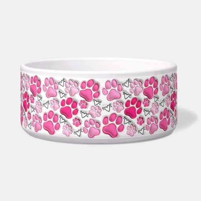Roze 3D Paw Prints en Harten Kat Hond Water Voedse Voerbakje (Voorkant)