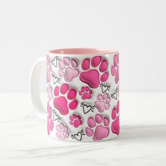 Roze 3D Paw Prints en Harten Tweekleurige Koffiemok (Voorkant links)