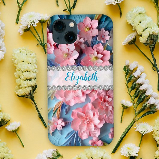 Roze 3D primroses, diamant lijst op maat Case-Mate iPhone Case