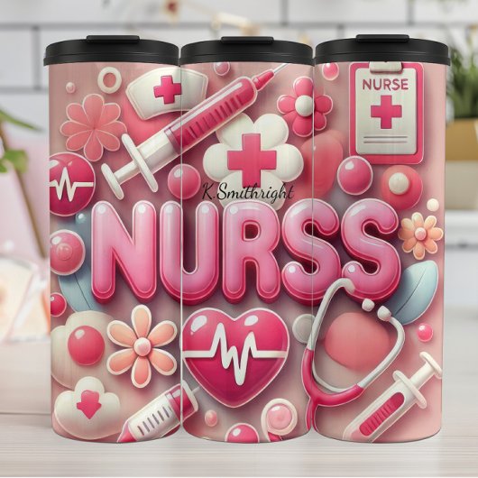 Roze 3D-verpleegster medische collage Thermosbeker