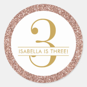 Roze 3e verjaardag Aangepast Roos Gold Glitter Fav Ronde Sticker