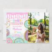 Roze 3e verjaardag Donut Party Foto Kaart (Voorkant)
