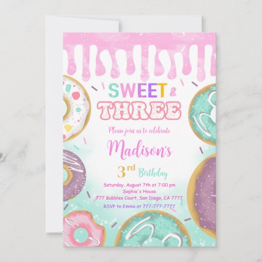 Roze 3e verjaardag Donut Party Kaart (Voorkant)