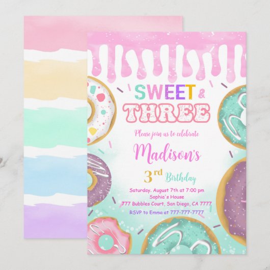 Roze 3e verjaardag Donut Party Kaart (Voorkant / Achterkant)