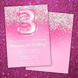 Roze 3e Verjaardag Uitnodiging Girly Pink Glitter