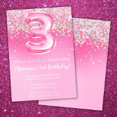 Roze 3e Verjaardag Uitnodiging Girly Pink Glitter