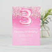 Roze 3e Verjaardag Uitnodiging Girly Pink Glitter (Staand voorkant)