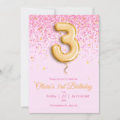 Roze 3e Verjaardag Uitnodiging Glitter meisje Verj (Voorkant)