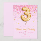 Roze 3e Verjaardag Uitnodiging Glitter meisje Verj (Voorkant / Achterkant)