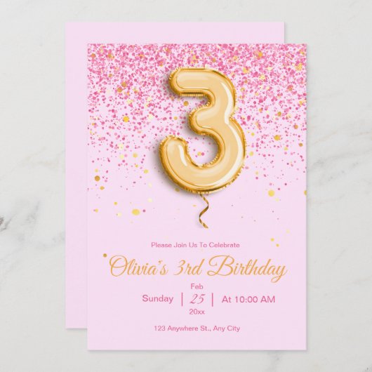 Roze 3e Verjaardag Uitnodiging Glitter meisje Verj (Voorkant / Achterkant)