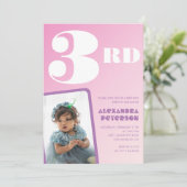 Roze 3e verjaardag uitnodigingen Meisje Retro Foto (Staand voorkant)