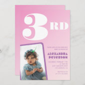 Roze 3e verjaardag uitnodigingen Meisje Retro Foto (Voorkant / Achterkant)