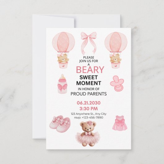 ROZE 3X5 KNUFFELBEER TUTU MEISJE BABYSHOWER SAVE THE DATE (Voorkant)