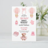 ROZE 3X5 KNUFFELBEER TUTU MEISJE BABYSHOWER SAVE THE DATE (Staand voorkant)